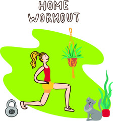 keep calm; athletic; challenge; flexibility; dumbbell; house; hand; gymnastic; stay home; strength; quarantine; energy; strong; cute; gymnastics; stretching; interior; hand drawn; room; sport; illustr