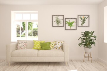 White stylish minimalist room with sofa and summer landscape in window. Scandinavian interior design. 3D illustration