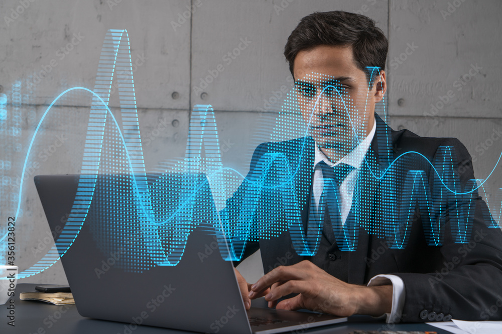 Poster businessman in office working with laptop technology online trading graph and chart, typing computer