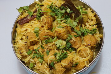 Soya chunks briyani isolated on white background