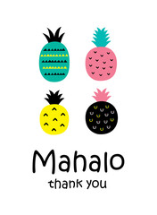 Fototapeta premium cute pineapple thank you card vector with hawaii word of thank you. cute pineapple appreciation card illustration.