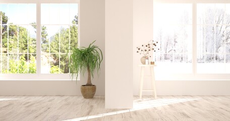 White panoramic empty room with winter and summer landscape in window. Hight resolution image. Scandinavian interior design. 3D illustration