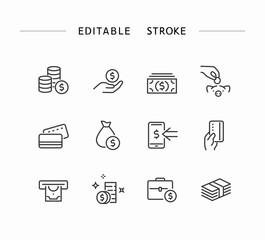 Money icons editable stroke isolated on white background. Vector coin, cash, payment finance symbols set. Credit card, mobile phone and business signs