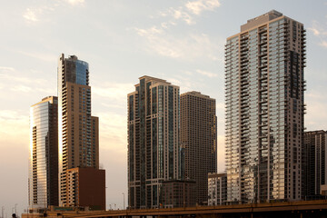 Fototapeta na wymiar Skyline of buildings at Chicago river shore, Chicago, Illinois, United States