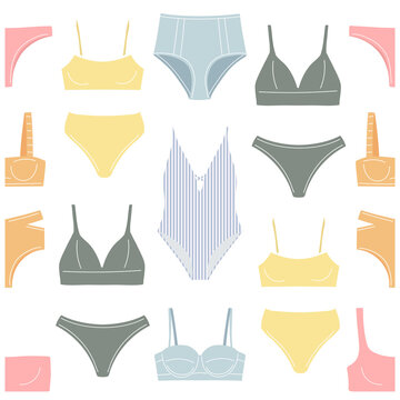 Seamless pattern with various types of women's beach fashion clothes, swimwear, bikini. Vector illustration