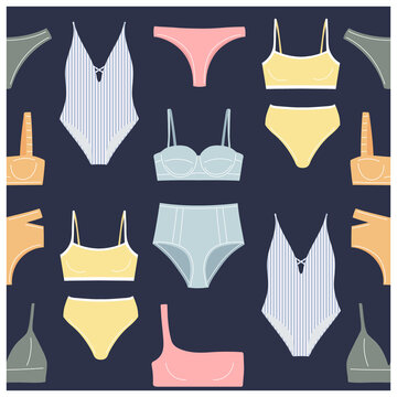Seamless pattern with various types of women's beach fashion clothes, swimwear, bikini. Vector illustration