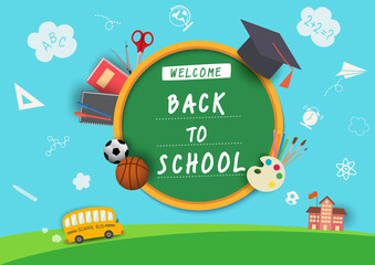 Back to School design with  stationery and knowledge symbol on school background.