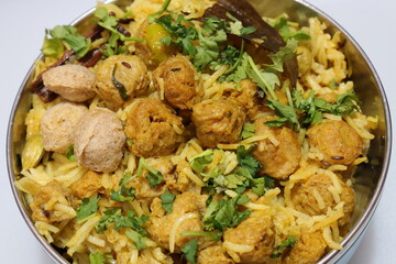 Soya chunks briyani isolated on white background
