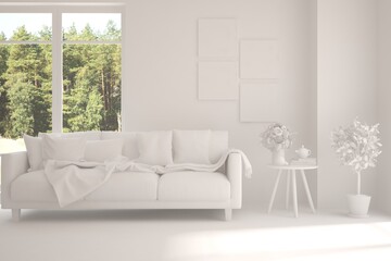 Stylish room in white color with sofa and green landscape in window. Scandinavian interior design. 3D illustration