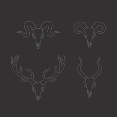 Animals skulls set isolated on a grey background. Vector icons design. Linear drawn skulls.
