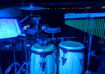 Obraz na płótnie Canvas Drum Set with some cymbals on stage before a live Concert.
