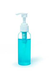 Blue alcohol gel hand sanitizer bottle on white background. selective focus, soft focus.