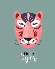 Pink Big Cat portrait illustration. © LenLis