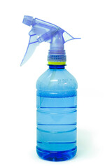 Blue plastic  foggy sprayer bottle isolated on white background. selective focus, soft focus.