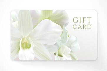 Gift card with beautiful realistic orchid white flower isolated on clean background. Template useful for  wedding design, women shopping card, 8 March gift certificate