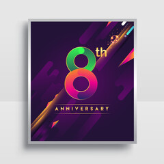 8th years anniversary logo, vector design for invitation and poster birthday celebration with colorful abstract background isolated on white background.