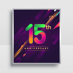 15th years anniversary logo, vector design for invitation and poster birthday celebration with colorful abstract background isolated on white background.