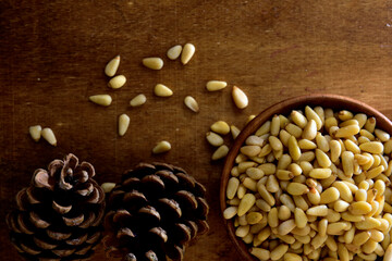 Mix of nuts in a wooden bowl