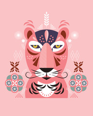 Pink Big Cat portrait illustration. © LenLis