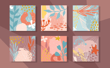 collection of square abstract cards, prints. Spring pattern, brush strokes, splashes
