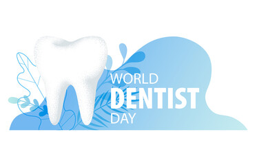 International Dentist Day. White tooth and plants on a blue background. Flat illustration, professional holiday concept.