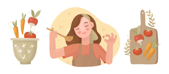 Set of vector illustrations on a culinary theme. Hand drawn vegetables on a cutting board and in a bowl. Cooking soup, salad. Vegan dishes. The girl is cooking. Approving gesture 