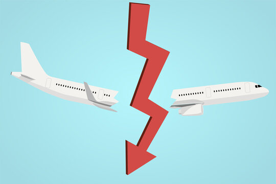 white airplane with red zig zag arrow down, aeroplane industry concept