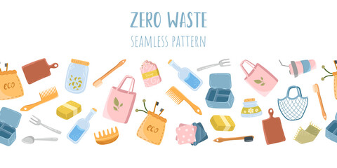 Reusable items, environmental care seamless pattern, frame on a white background. Doodle illustration, zero waste.