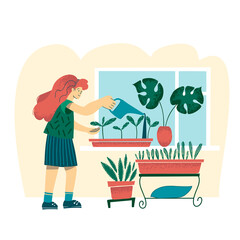 The girl waters the plants at home. The garden is on the window. A sobbing girl in a skirt pours plants from watering cans. A flet illustration. © SuvorovaArt.ru