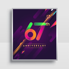 67th years anniversary logo, vector design for invitation and poster birthday celebration with colorful abstract background isolated on white background.