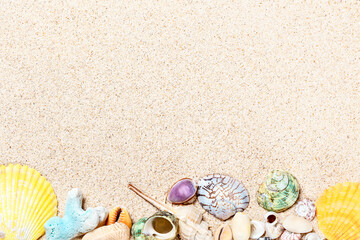 Flat lay composition with colourful sea shells and corals on sand. Travel and vacation concept
