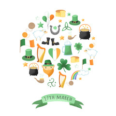 Irish national elements, icons, round print on a white background. St. Patrick's Day illustration.