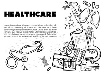 Healthcare and Medicine Vector illustration. Hand Drawn Doodle Drugs and Medical Products and Devices Background