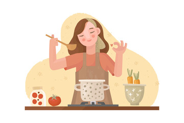 Vector hand drawn illustration. A girl in an apron is cooking. Approving gesture "ok". Pan on the stove with soup. Kitchen utensils, bowl, fresh vegetables. Homemade food, dinner, cozy atmosphere.
