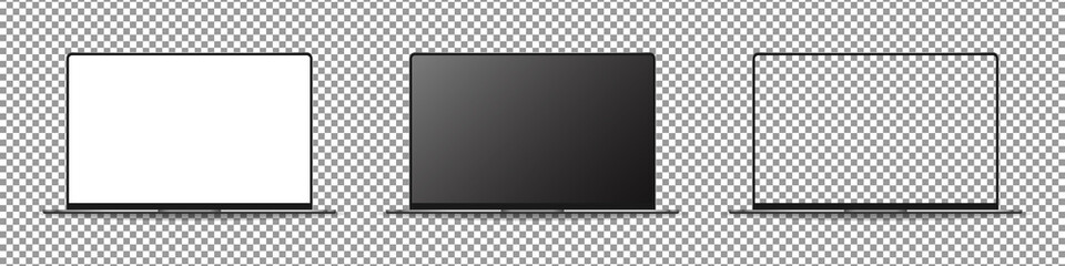 Modern laptop computer mockup set. Laptop with blank screen. Mockup isolated on transparent background. Realistic vector illustration.