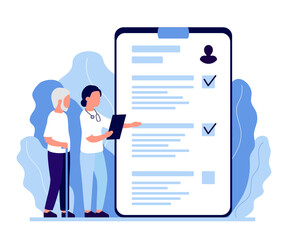 Senior man in consultation with doctor, nurce. Health monitoring in old age. Verification and decoding of analyzes in old age. Communication, support of medical personnel. Vector flat illustration