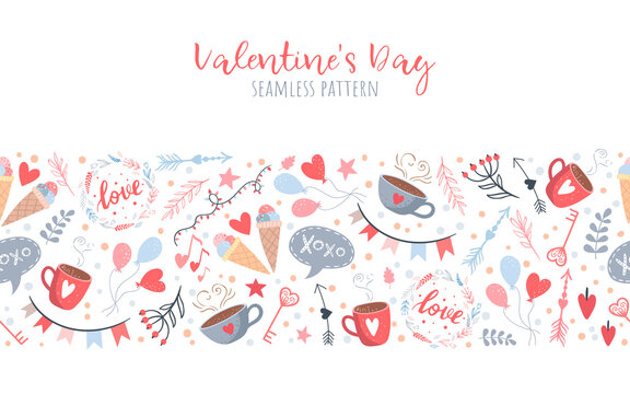 Decorative romantic seamless pattern, valentines day frame. Cute hand drawn elements, greeting card design.