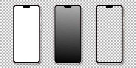 Realistic smartphone display mockup set. Smartphone mockup isolated on transparent background. Realistic vector illustration.