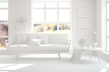 White room with sofa. Scandinavian interior design. 3D illustration