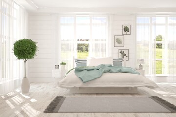 White stylish minimalist bedroom with summer landscape in window. Scandinavian interior design. 3D illustration