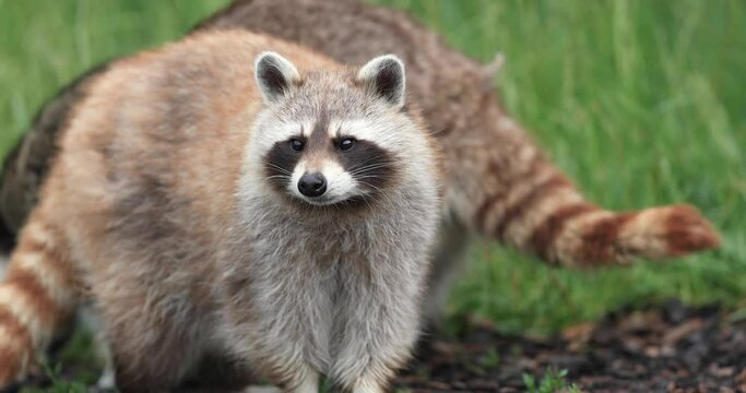 Raccoon playing in the garden
