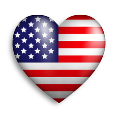 USA flag in a heart shape on white background . United States of America .  3D vector illustration 