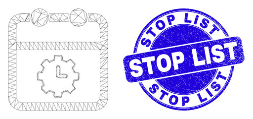 Web mesh calendar time options icon and Stop List seal stamp. Blue vector round distress seal stamp with Stop List caption.