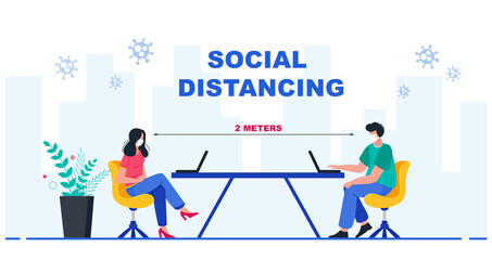 People working on laptops. Employees are maintain distance during work at workplace. Social distancing at office workplace. Vector illustration.