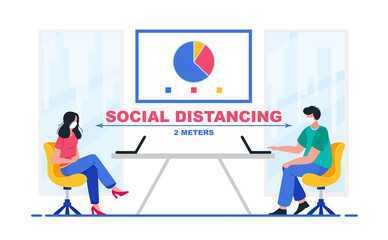 Social distancing in a meeting. Business office people keep social distancing meeting room. New normal lifestyle in job. Vector illustration.
