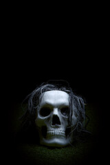 skull with hair on black background. Ideal for Halloween