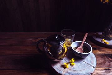 rural still life medicinal herb drink. Concept relaxation, relaxation. copy space.