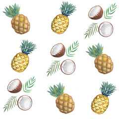watercolor set of pineapple and coconut isolated on white