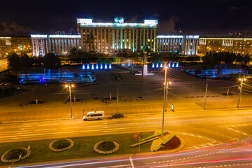 Moscow square and the soviet house of councils in Saint-Petersburg, Russia, night aerial
