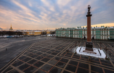 Palace Square, Alexander column, Hermitage Museum and Admiralty in Saint-Petersburg, Russia, aerial winter view